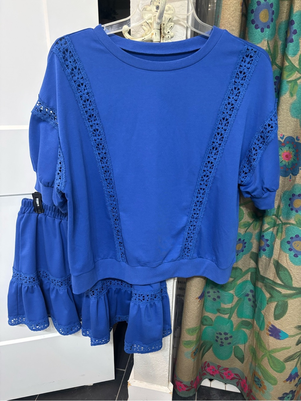 Women’s Blue Crochet-Trim Short Sleeve Top